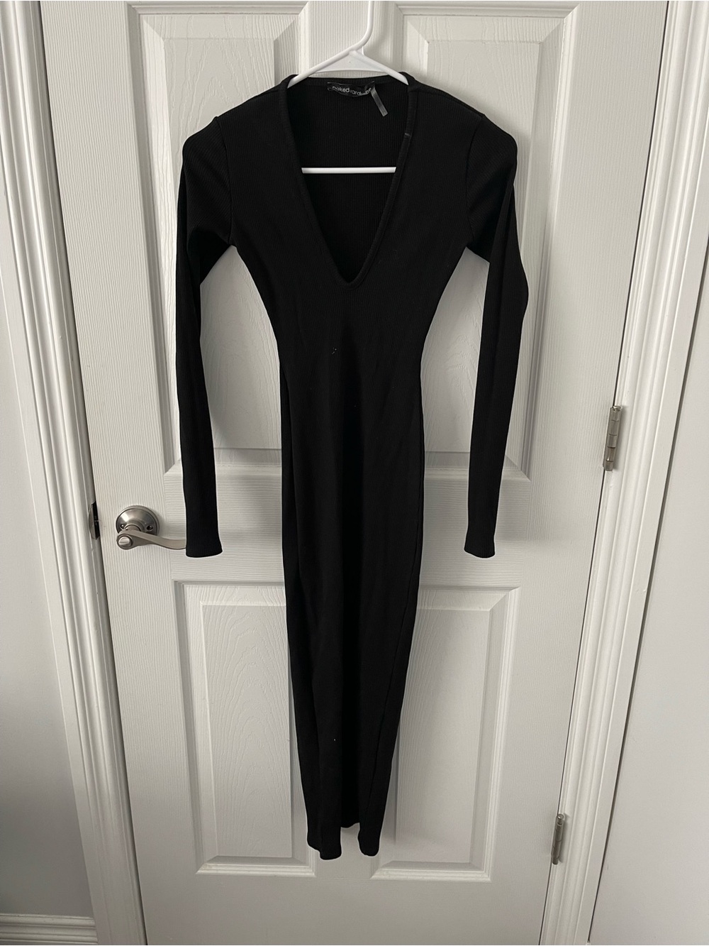 Naked Wardrobe Black Long Sleeve V-Neck Ribbed Bodycon Maxi Dress NWOT